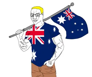 chudjak, muscular chud2, 1soyjak, a10 eyes, blonde hair, brown pants, buff, flag, flag shirt, glasses