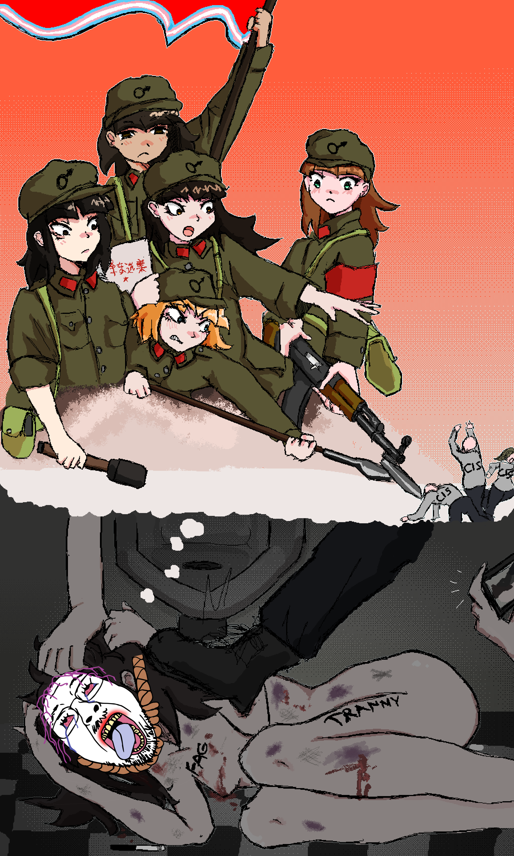 boymoder, bernd, hanging troonjak, troonjak, 1soyjak, ack, bald, bayonet, blood, bloodshot eyes