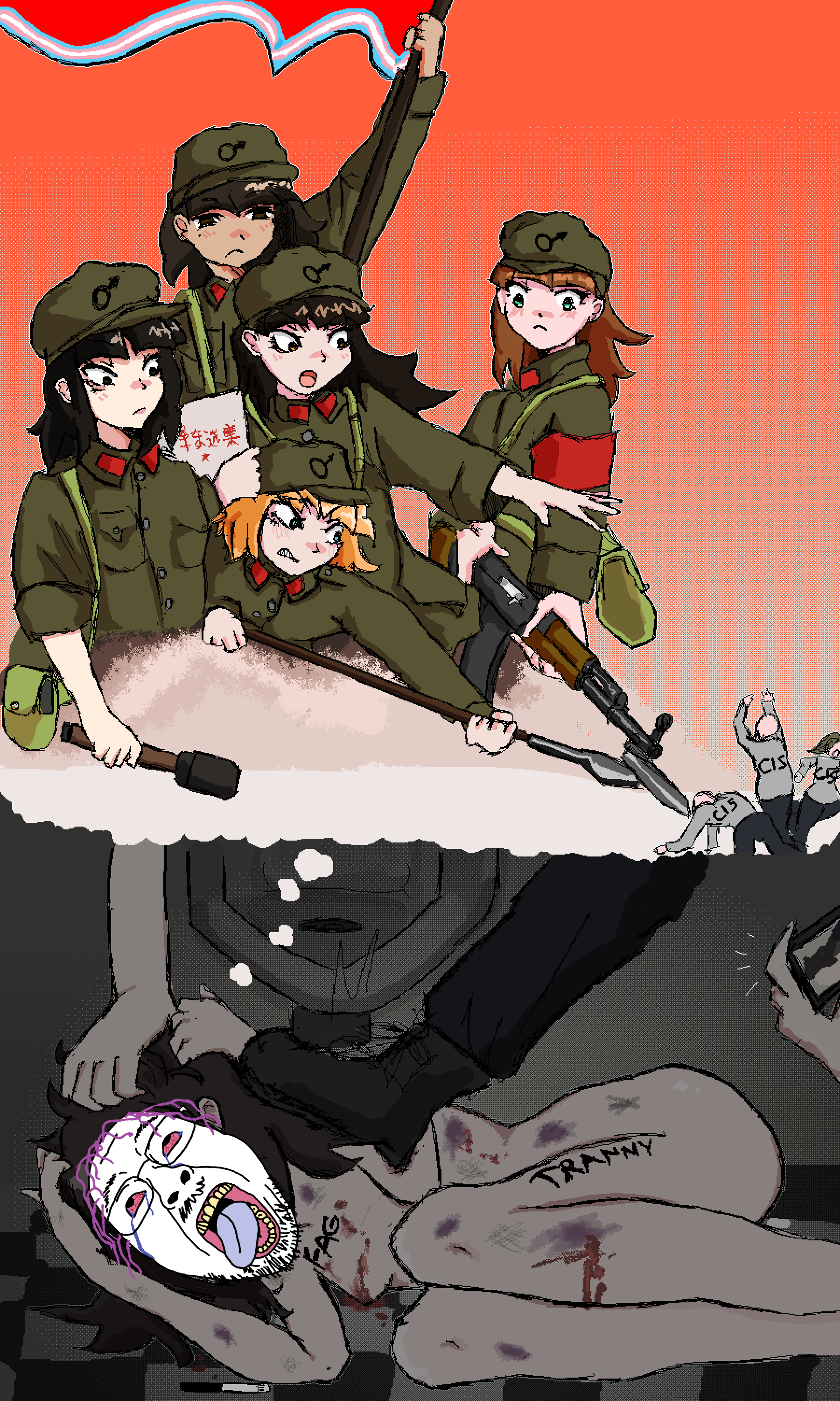 boymoder, bernd, hanging troonjak, troonjak, 1soyjak, ack, bald, bayonet, blood, bloodshot eyes