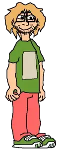 factyjak, 1soyjak, black eyes, blonde hair, closed mouth, fact attack adventures, front view, full body, hair, long hair