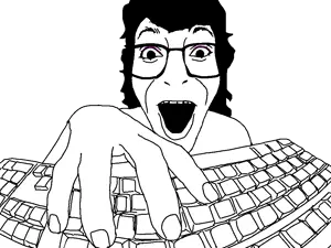 darren, foidjaks, 1soyjak, an foid, black hair, eyelashes, female, foid, front view, gaping mouth