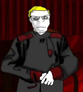 nate higgers, feraljak, natejak, 1soyjak, almost full body, black eyes, blonde hair, closed mouth, clothes, crazed