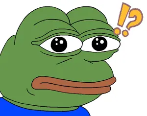 pepe, amphibian, animal, big lips, black eyes, blue shirt, closed mouth, frog, green skin, interrobang