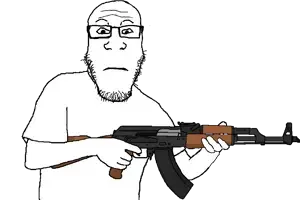 markiplier soyjak, neutralplier, 1soyjak, ak-47, arm, assault rifle, bald, black eyes, closed mouth, clothes