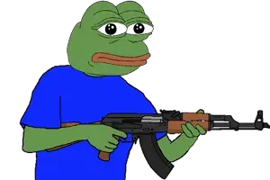 pepe, ak-47, amphibian, animal, arm, assault rifle, bald, blue shirt, clothes, frog