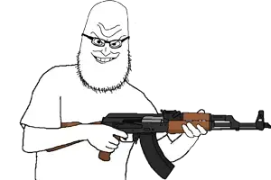 syndromejak, 1soyjak, ak-47, arm, assault rifle, bald, black eyes, clothes, forehead lines, glasses