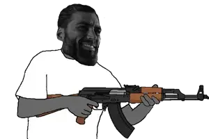 gigachad, ak-47, arm, assault rifle, closed mouth, clothes, gray skin, gun, half body, hands