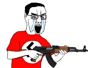 chudjak, 1soyjak, ak-47, angry, arm, assault rifle, black hair, bloodshot eyes, clothes, crying