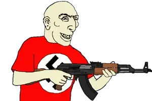 happy merchant, ak-47, arm, assault rifle, clothes, ear, grin, gun, half body, hands