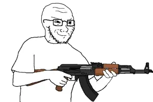 soyak, soyak (smug), 1soyjak, ak-47, arm, assault rifle, bald, black eyes, closed mouth, clothes