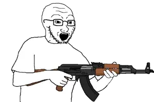soyak, ak-47, arm, assault rifle, clothes, glasses, gun, half body, hands, holding gun