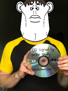 lars, impish soyak ears, impington, aryan, 1soyjak, a10 eyes, bald, black background, cd, closed mouth