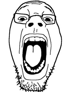 dowson, 1soyjak, bald, black eyes, front view, gaping mouth, glasses, head only, lips, looking at you
