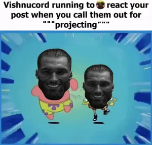 gigachad, patrick star, spongebob squarepants, hunky twink sex machine, nuurumoji, black eyes, black hair, blue background, caption, chubby