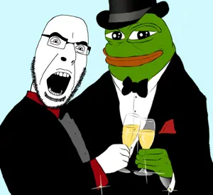 pepe, cobson, 1soyjak, alcohol, amphibian, animal, bald, black eyes, blue background, bowtie