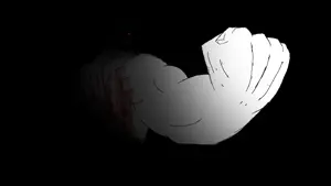 angry, back view, black background, buff, glasses, hair, half body, hand, hands, looking at you