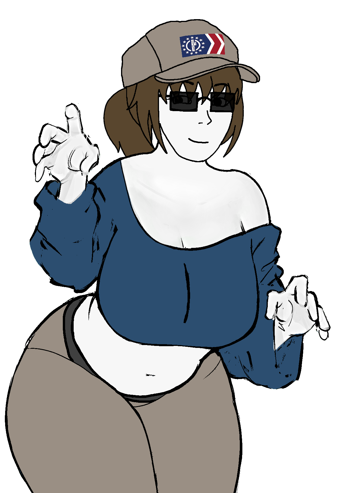 soyak, soygirl, femjak, foidjaks, 1soyjak, almost full body, belly, big breasts, breasts, brown hair
