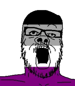 a24 slowburn soyjak, asexual, black, front view, glasses, gray, lips, looking up, open eyes, open mouth