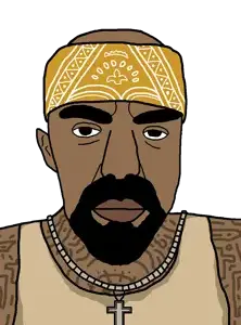 chudjak, patrick, bald, bandana, beard, brown skin, bushy eyebrows, cross, ear, front view