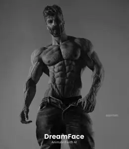 gigachad, almost full body, beard, black eyes, black hair, buff, front view, gray background, gray skin, hair
