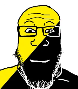 markiplier soyjak, neutralplier, anarcho-capitalism, ancap, bald, black skin, closed mouth, forehead wrinkles, glasses, low effort