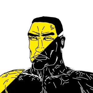 chudjak, perceptive chud, 1soyjak, black skin, buff, closed mouth, half body, looking to the left, low effort, muscles
