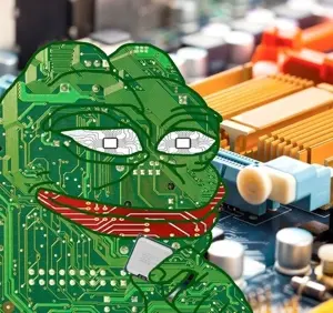 pepe, black eyes, chip, closed mouth, computer, electronics, green skin, irl background, looking at you, motherboard