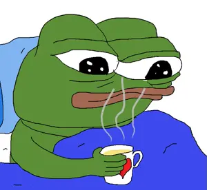 apu, pepe, bed, blanket, coffee, coffee cup, drink, heart, lying, mug
