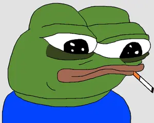 apu, pepe, black eyes, blue shirt, cigarette, closed mouth, doomer, eye bags, smoking, tired