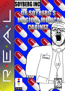 dr. soyberg, a24 slowburn soyjak, 1soyjak, 3do, almost full body, bald, black eyes, blue background, box art, clothes
