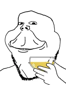 gapejak, impish soyak ears, henry, 1soyjak, bald, black eyes, drinking, glass, half open mouth, hands