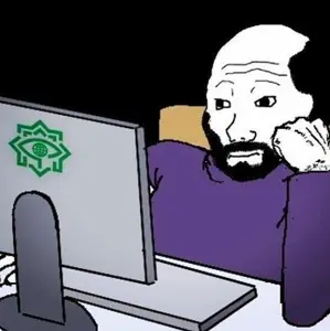 wojak, bald, beard, black background, computer, computer monitor, iran, iranian, no glasses, pc