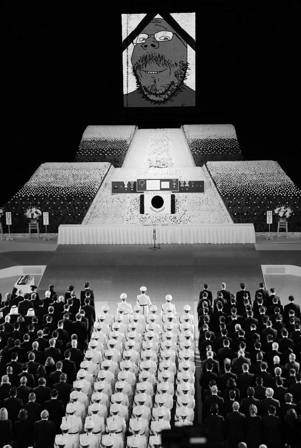 gapejak, mustached gapejak, black and white, flag, funeral, glasses, gray skin, mustache, real life, smile