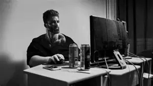 gigachad, computer, drink, gray background, gray skin, keyboard, looking to the right, monitor, room