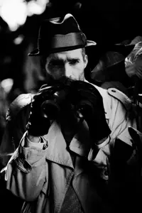 gigachad, clothes, detective, glove, gray background, gray skin, grayscale, hat, irl background, looking at you