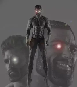 gigachad, 3nas, glowing eyes, gray background, gray skin, looking at you, looking to the left, looking to the right