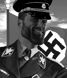 gigachad, clothes, gray background, gray skin, grayscale, hat, looking to the right, nazi germany, nazism, sky