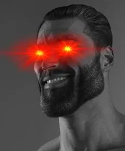 gigachad, glowing eyes, gray background, gray skin, looking to the left