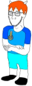 nate higgers, soyak, natejak, award, black shoes, blue shirt, cyan pants, emblem, full body, glasses