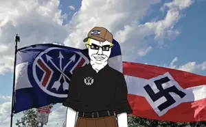 chudjak, chudjak front, 1soyjak, black eyes, blonde hair, cap, closed mouth, clothes, flag, glasses