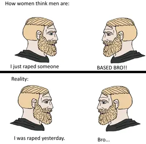yes chad, i was raped yesterday, 4soyjaks, beard, blonde hair, blue eyes, chad, closed mouth, hair, looking to the left