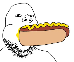 gapejak, blowjob gapejak, 1soyjak, black eyes, bun, eating, food, hotdog, looking at you, mustard