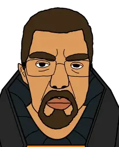gordon freeman, chudjak, patrick, beard, big lips, brown hair, bushy eyebrows, closed mouth, ear, front view