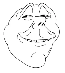 trollface, gapejak, impish soyak ears, henry, 1soyjak, black eyes, chin, half closed eyes, half open mouth, looking to the left