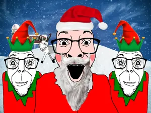 darren, impish soyak ears, impish horse, warren, 4soyjaks, bald, beard, blue background, christmas, closed mouth