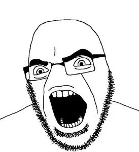 cobson, 1soyjak, alternate, angry, bald, eyebrows, full head, gaping mouth, glasses, monochrome