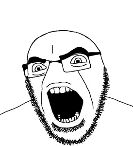 cobson, 1soyjak, alternate, angry, bald, eyebrows, full head, gaping mouth, glasses, monochrome