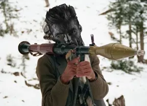 gigachad, 1nas, gray skin, irl background, outside, rocket launcher, snow, soldier, stubble, tree