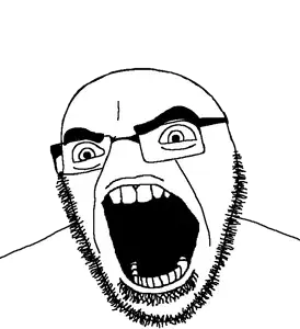 cobson, 1soyjak, alternate, angry, bald, eyebrows, full head, gaping mouth, glasses, monochrome