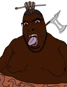 cobson, 1soyjak, axe, black skin, brown hair, brown skin, clothes, fat, glasses, hair